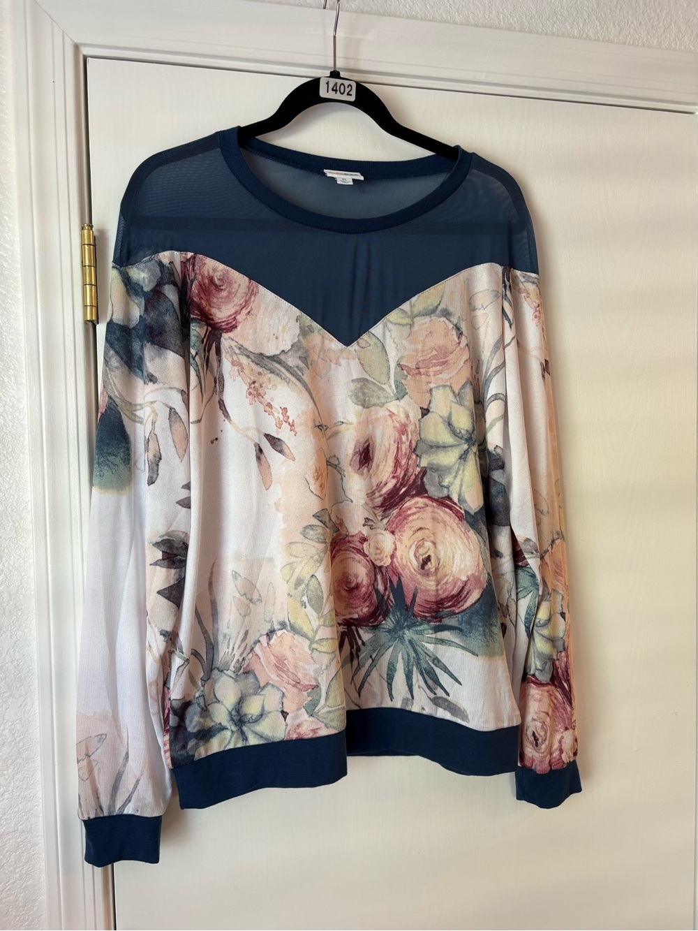 LuLaRoe Navy Floral Mesh Yoke Long Sleeve Top